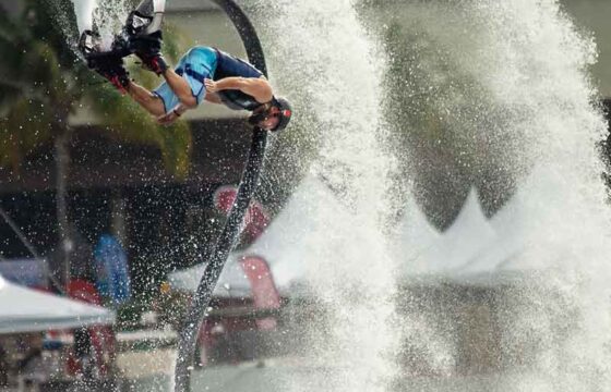 Professional FlyBoard stunts at the Cancun International Boat Show